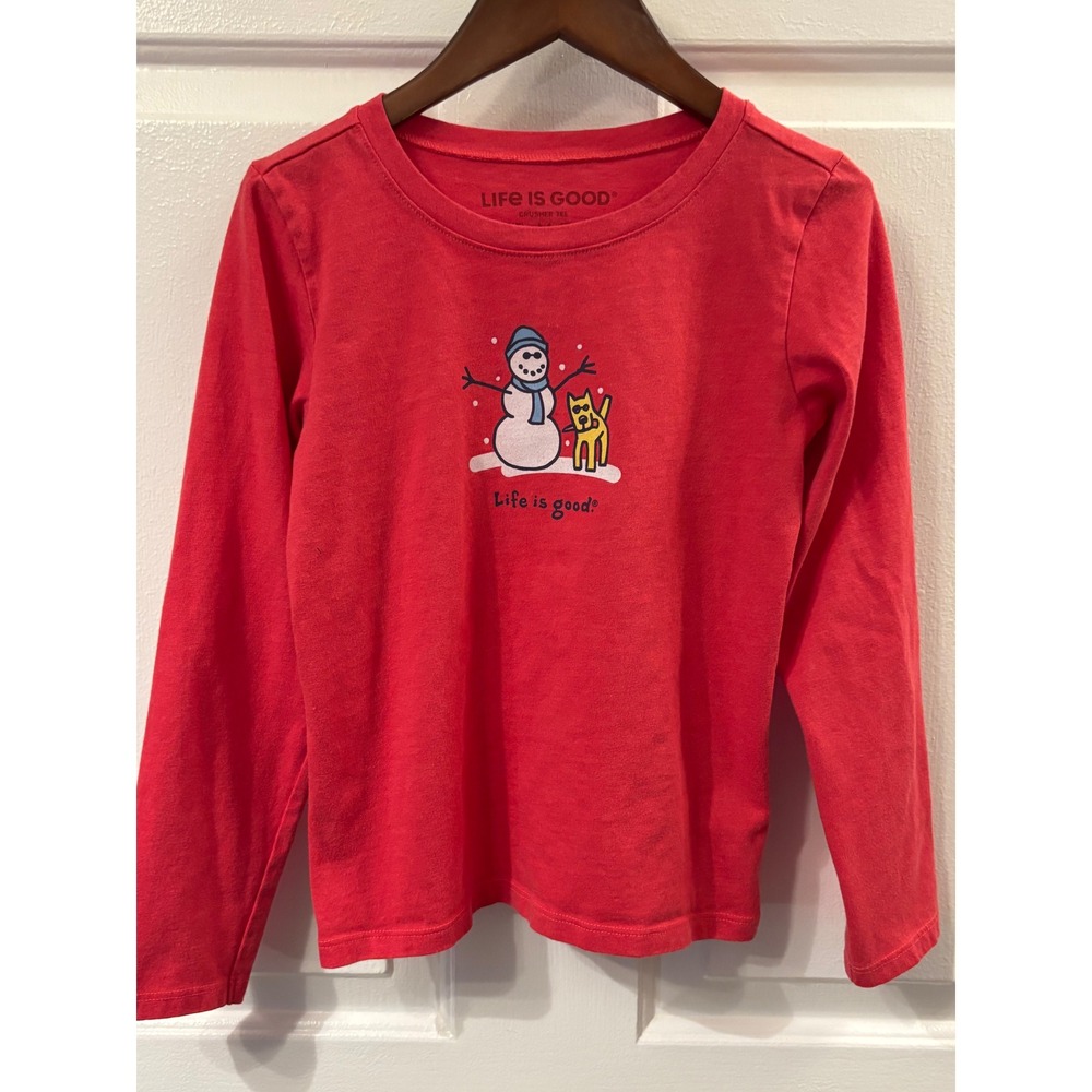 Life is Good Kids Red Crusher Tee Long Sleeve Snowman Dog Graphic Shirt Medium